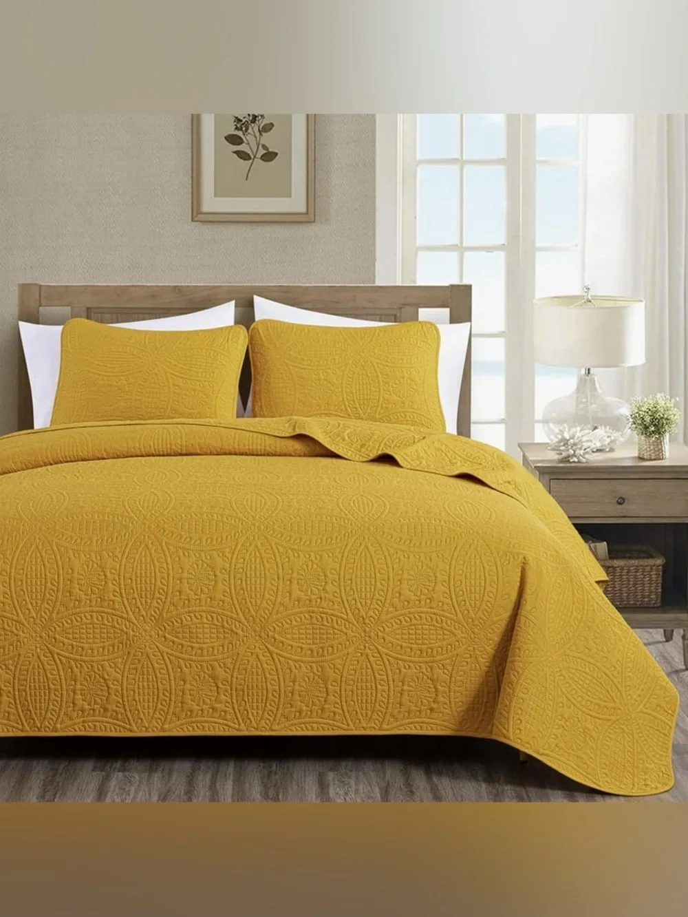 Mustard Yellow 3 piece Queen Quilted Bedspread Set